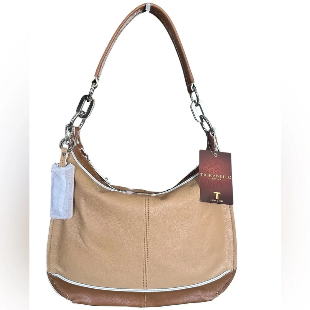 Tignanello Two-Tone Tan & Brown Leather Shoulder Bag White Ribbed Details New!